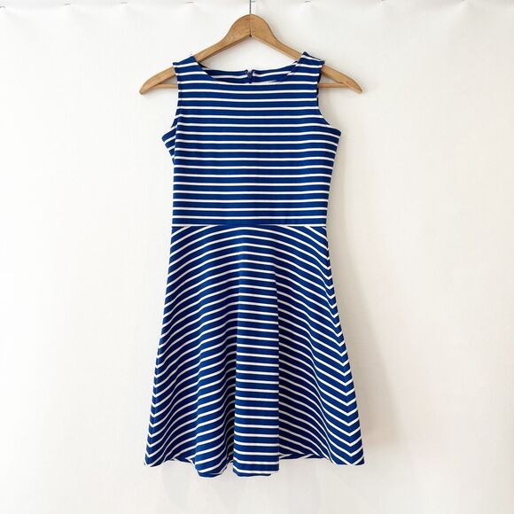 Talbots Blue White Striped Fit & Flare Dress Petite Nautical Preppy Sleeveless - Picture 1 of 5